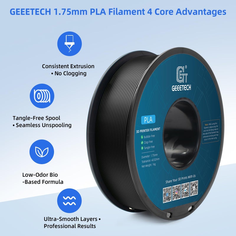 Geeetech PLA Filament 1.75mm Black, 1kg (2.2lbs) Spool, Neatly Wound 3D Printer Filament, Tangle-Free, Dimensional Accuracy +/- 0.02mm, Fits Most FDM 3D Printers - Image 3